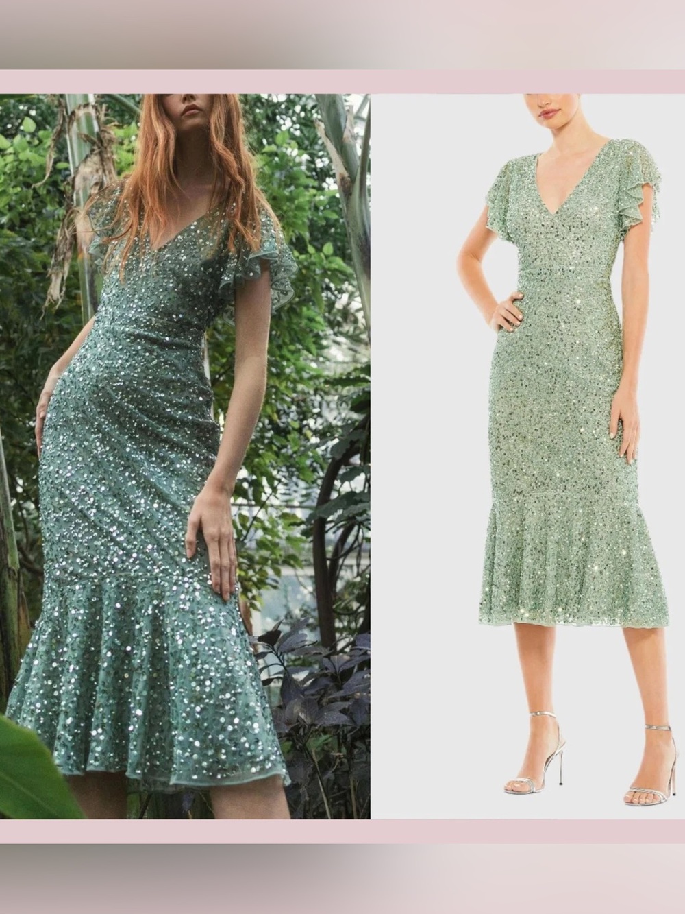 Mac Duggal Size 2 Green 10801 Sequin Flutter Sleeve Midi Cocktail Party Dress